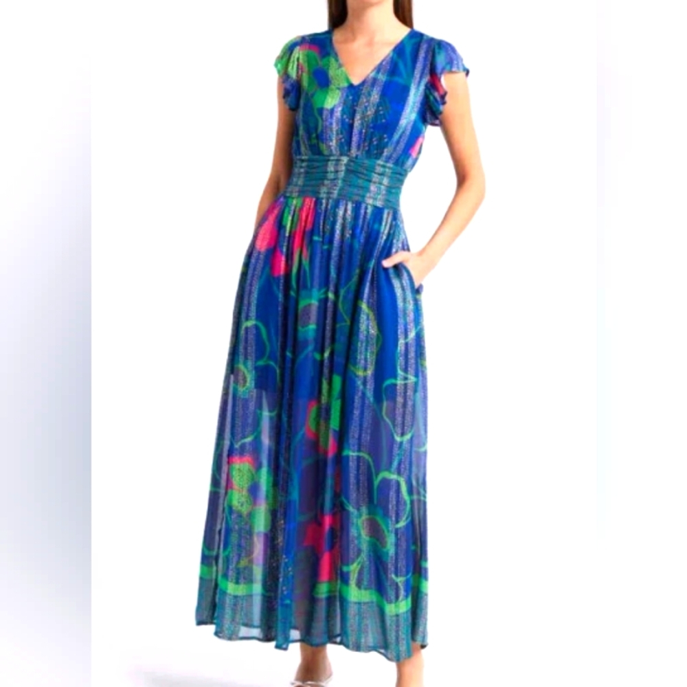 Ciebon Jennsen Floral Maxi Dress Navy  Metallic Accents Flutter Cap Sleeves